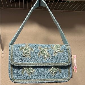 Beaded Sea Turtle Design Blue Handbag